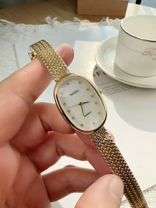 Luckacco Luxury Oval Dial Rhinestone Watch New Brand Quartz Watch for Women Adjustable Stainless Steel Strap Wristwatches  Gift