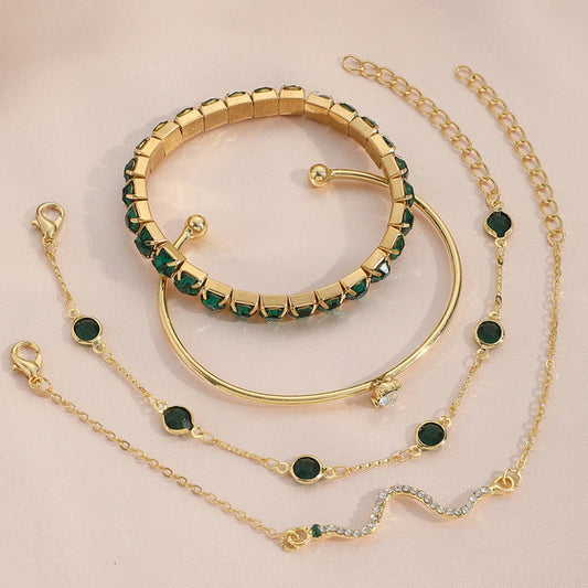 Luckacco 4PCS/Set Fashionable Snake Imitation Gemstone Bangle Rhinestone Full Metal Bracelet Set for Women's Jewelry Birthday Party Gifts