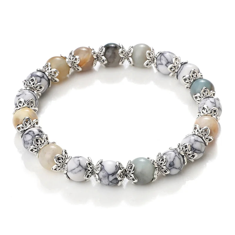 luckacco 8mm white howlite stone women bracelet metal spacer charm natural agates pink rose quartz beads bracelets for men jewelry gifts