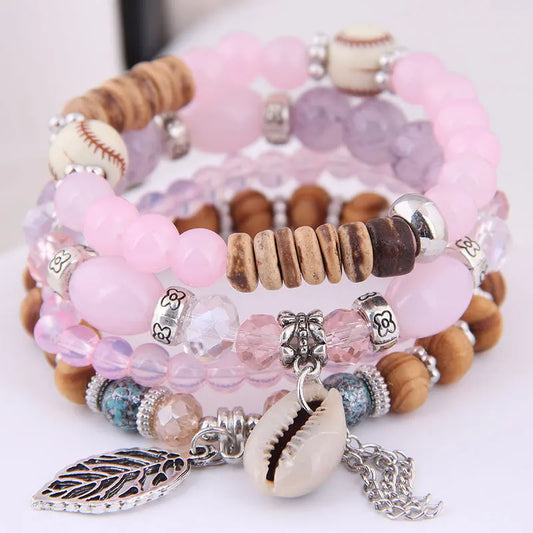 Luckacco DIEZI Korean Ethnic Bohemian Crystal Beads Leaves Charm Bracelets For Women Girls Elastic Rope Wrap Bracelet Pulseira Feminina