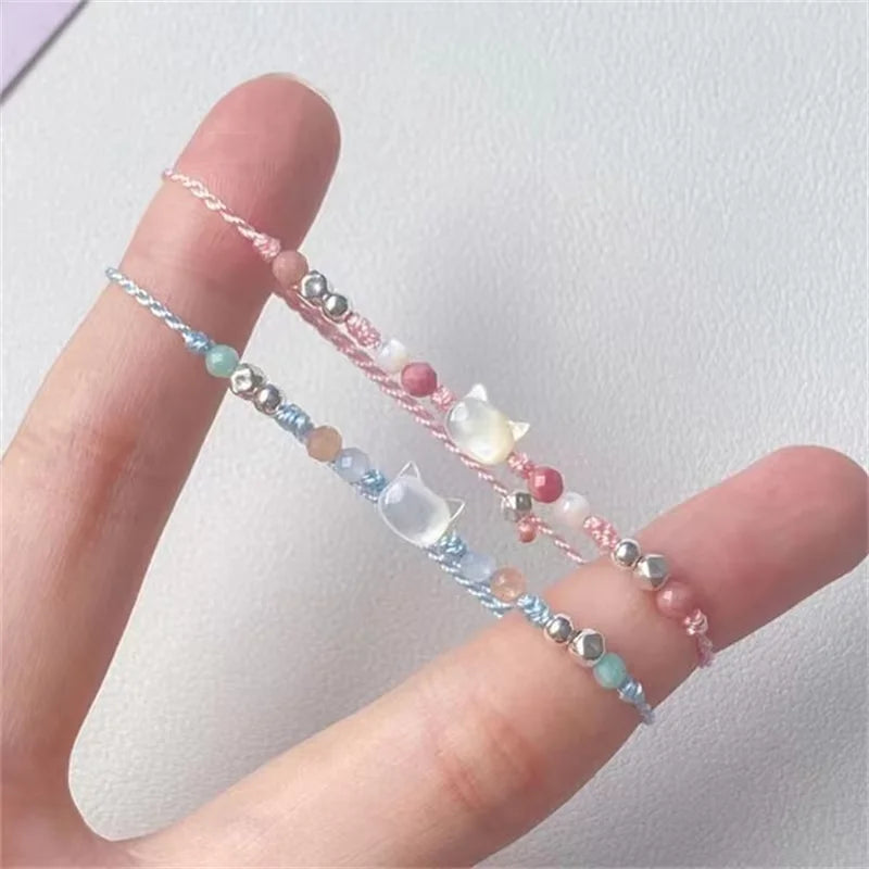 luckacco handmade 2pcs couples cute cat bracelet unique stylish hand rope for women men beaded woven bracelet wrist jewelry gifts