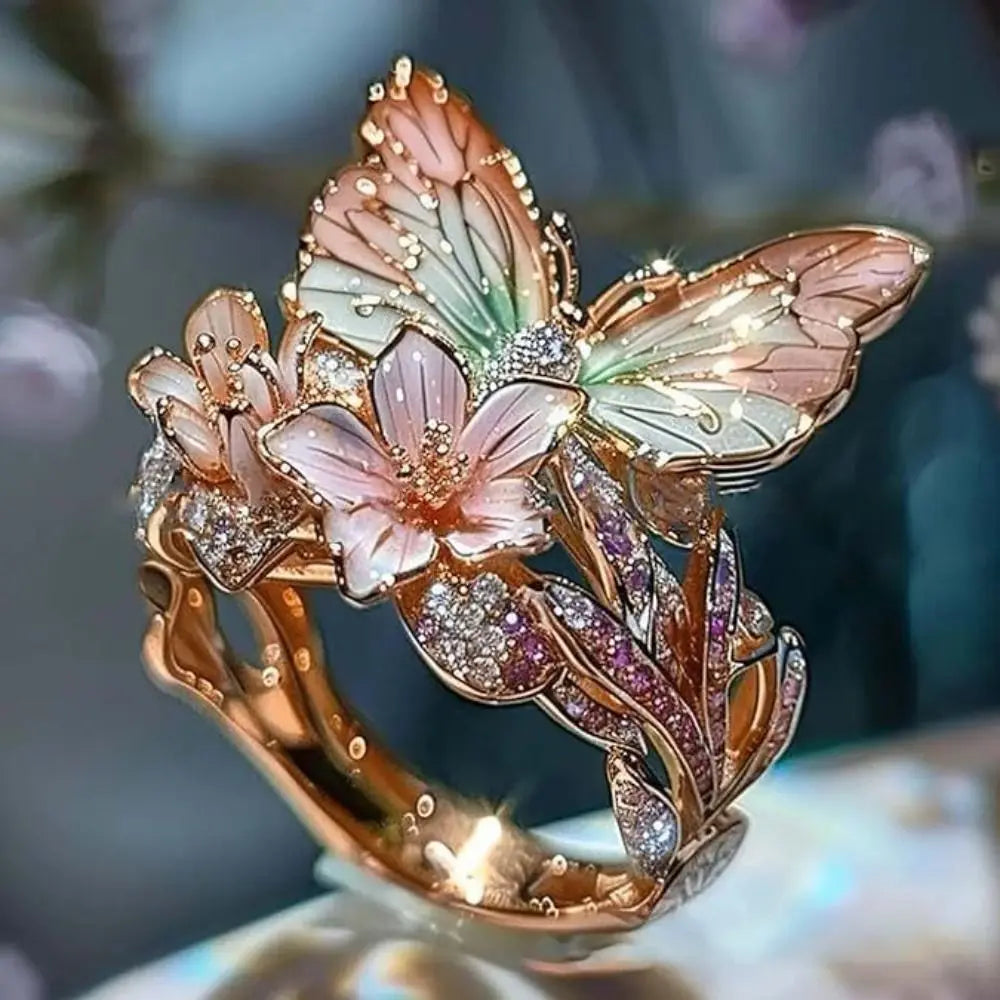 luckacco aesthetic flower butterfly rings for female romantic rhinestone stylish non-fading opening ring women wedding jewelry party gift
