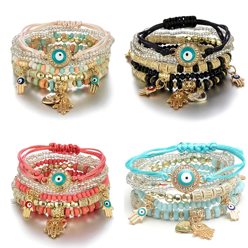 luckacco 6pcs/set bohemian evil eye bracelet set for women fatima hand heart charm beaded rope chain bangle female jewelry gift