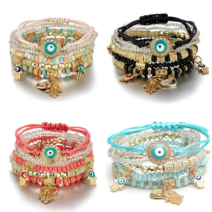 Luckacco 6Pcs/set Bohemian Evil Eye Bracelet Set For Women Fatima Hand Heart Charm Beaded Rope Chain Bangle Female Jewelry Gift