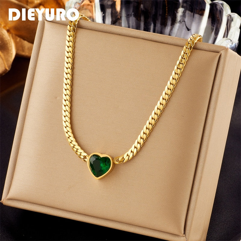DIEYURO 316L Stainless Steel Heart White Green Crystal Pendant Necklace For Women New Trend Girls Clavicle Chain Jewelry Gifts - luckacco