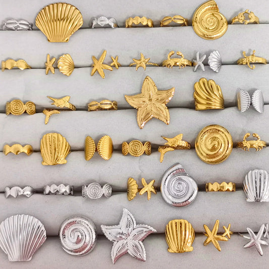 Luckacco 1pc Stylish Marine Jewelry Ocean Sea Animals Conch Starfish Shell Ring Stainless Steel Jellyfish Scallop Rings Women Charm Gift