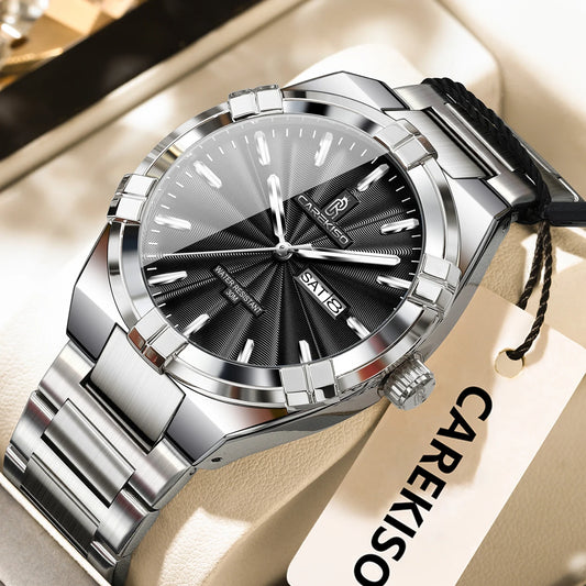 Luckacco CAREKISO Military Business Men Clock Date Week Waterproof Luminous Quartz Man Wristwatch Stainless Steel Men's Watches Reloj+Box