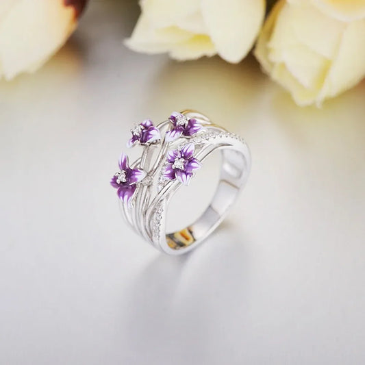 Luckacco Authentic 925 Sterling Silver Stackable Violet Drop Glue Ring Daisies Flower Zircon Finger Ring for Women Jewelry Gift Bijoux