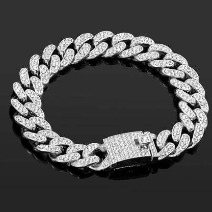 Luckacco Iced Out Pink Cuban Bracelet for Women Hip Hop Gold Silver Color Crystal Heart Circle Square Bracelet 4Pcs Set Jewelry Gift