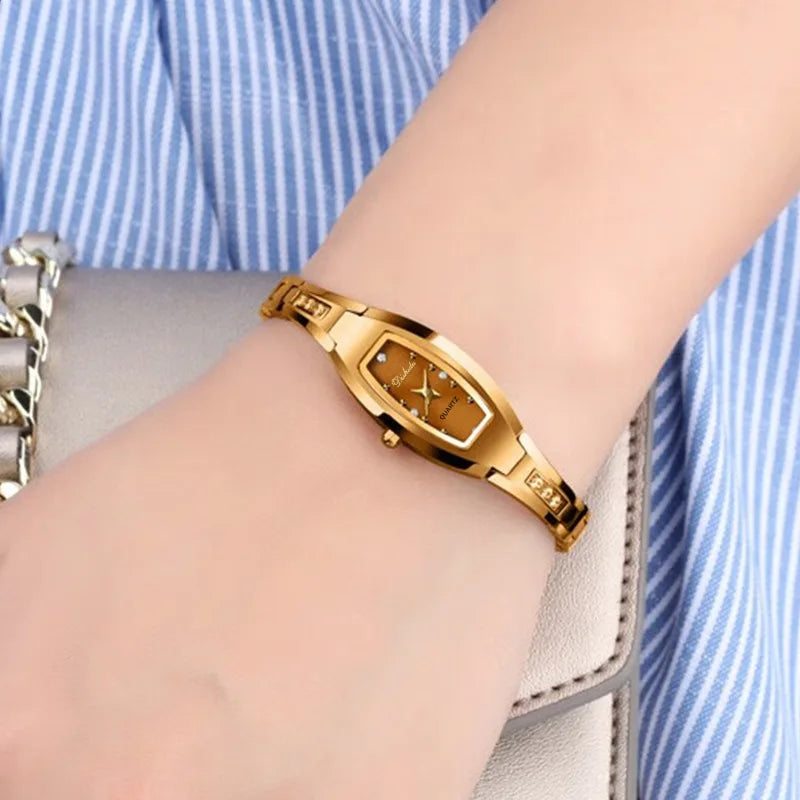 luckacco small ladies wristwatches golden retro watch for women vintage steel bracelet watch black quartz wristwatches reloj mujer