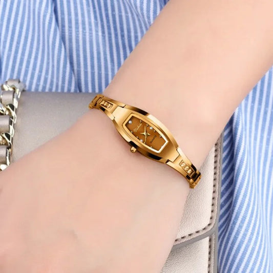 Luckacco Small Ladies Wristwatches Golden Retro Watch for Women Vintage Steel Bracelet Watch Black Quartz Wristwatches Reloj Mujer