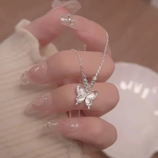 Luckacco New 925 Sterling Silver Butterfly Necklace Simple Personality Charm Animal Pendant Birthday Gift for Women Exquisite Jewelry