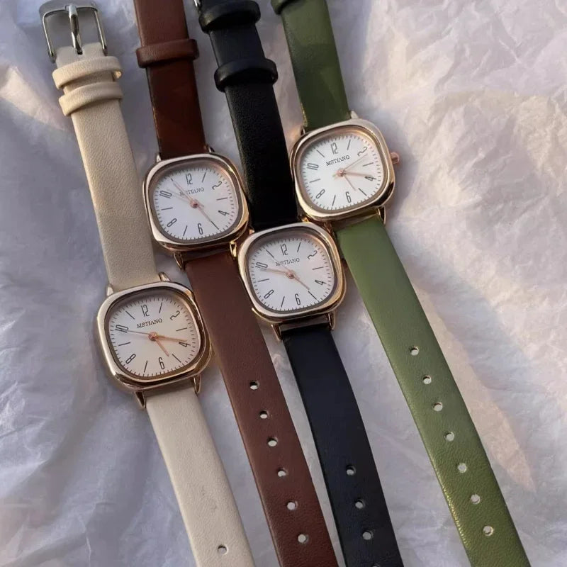 luckacco casual wrist watches retro square quartz digital mini dial leather strap fashionable clock waterproof wristwatch for women
