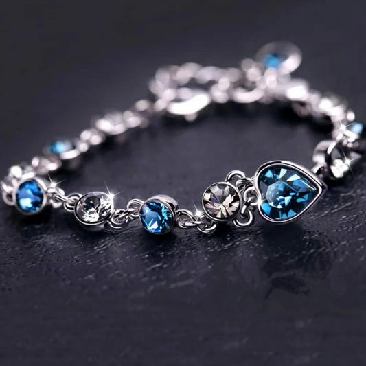 Luckacco Women Silver Color Lucky Bracelet Female Blue Crystal Heart Charm Pulseras Bracelet Bridal Wedding Engagement Fine Jewelry Gift