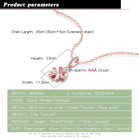 Luckacco Vintage Elegant Flower & Four-leaf Clover Pendant Necklace for Women Shiny Zircon 925 Sterling Silver Clavicle Chain Jewelry