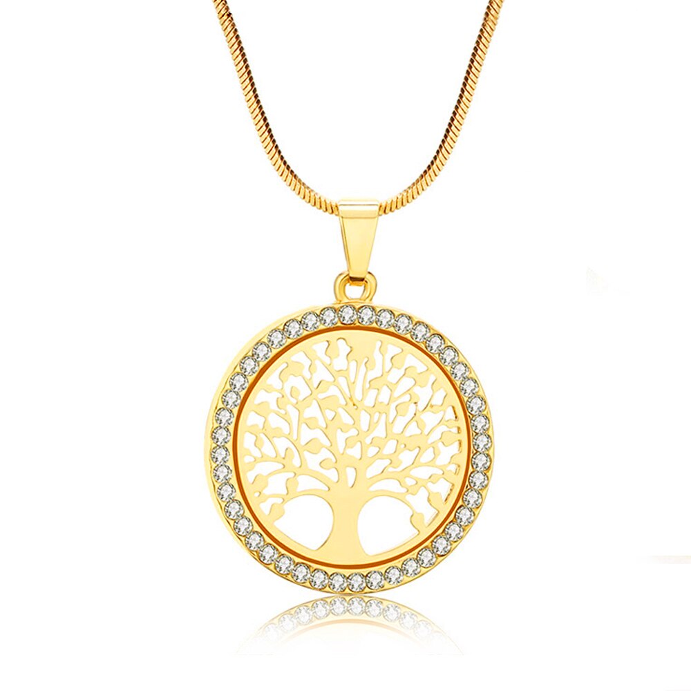 Fashion Round Hollow Tree of Life Pendant Necklace for Women White Crystal Rhinestone Necklace Wedding Anniversary Gift Jewelry - luckacco