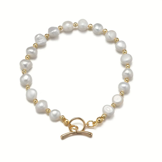 Luckacco DAINASHI 7-8mm Baroque Natural Freshwater Pearl Charm Bracelet for Women OT Clasp Women's Hand Bracelet Jewelry Gifts