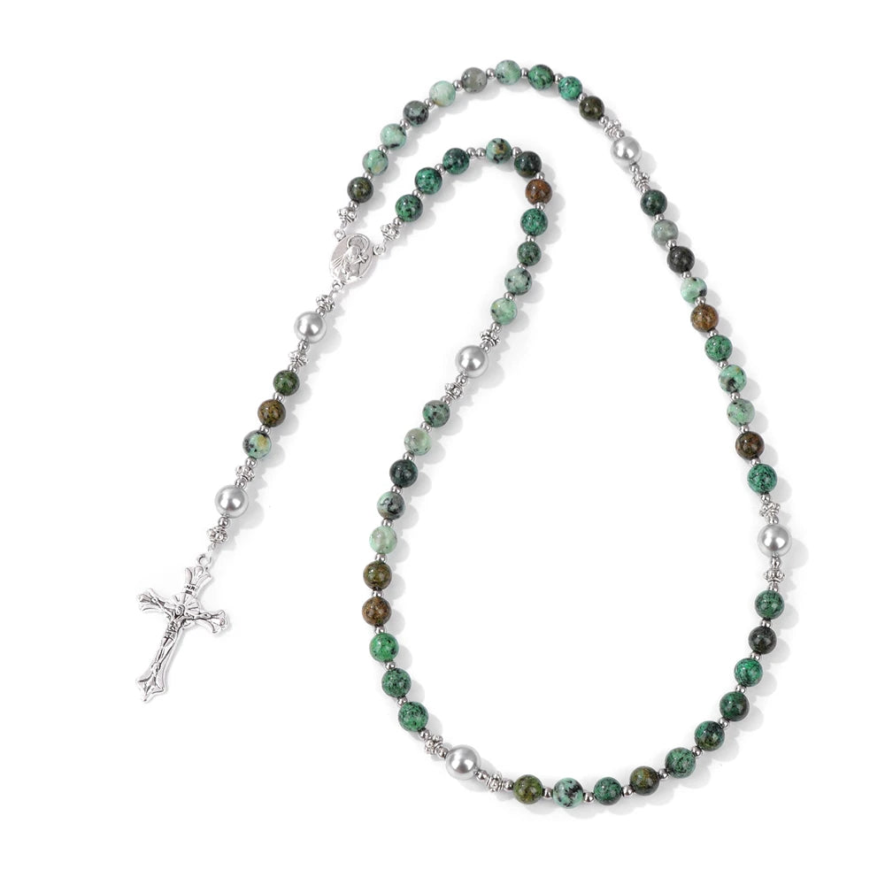 luckacco catholic jesus cross bracelet men religious prayer rosary bangle 50cm natural african turquoises lava gem stone bead bracelet