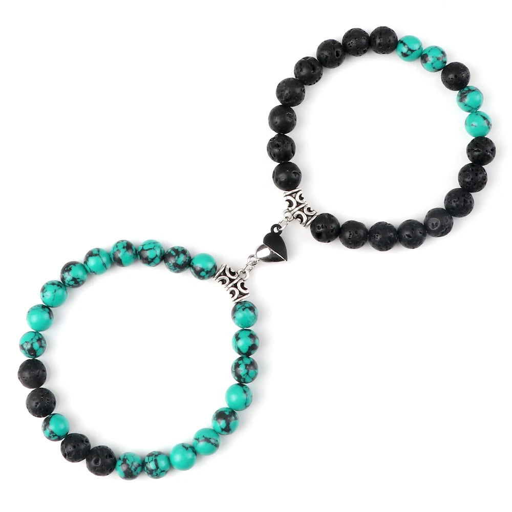 luckacco 2pcs/set natural stone beaded bracelet for lovers distance heart magnet buckle couple bracelets friendship fashion jewelry gifts