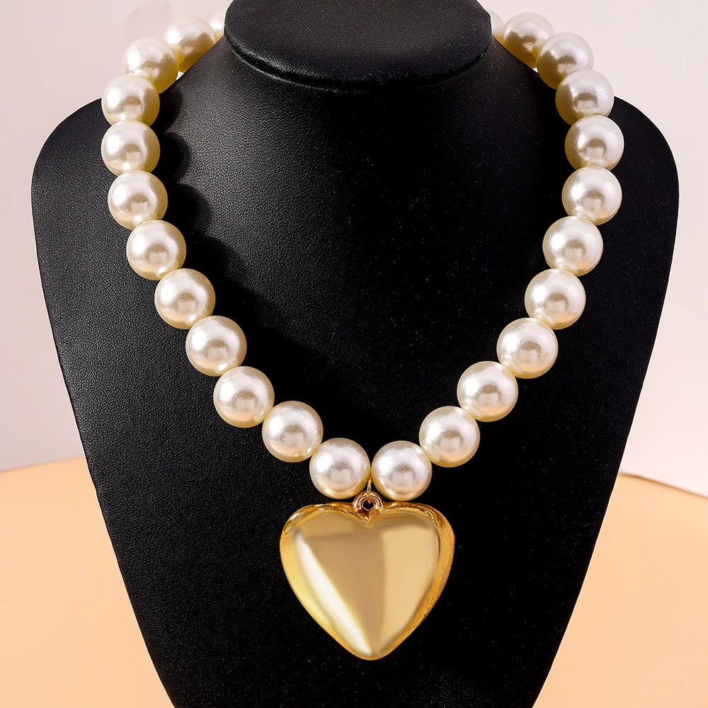 luckacco exaggerated imitation pearl beads necklace for women ccb big heart pendant choker necklace jewelry gift