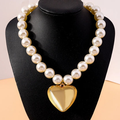 Luckacco Exaggerated Imitation Pearl Beads Necklace for Women CCB Big Heart Pendant Choker Necklace Jewelry Gift