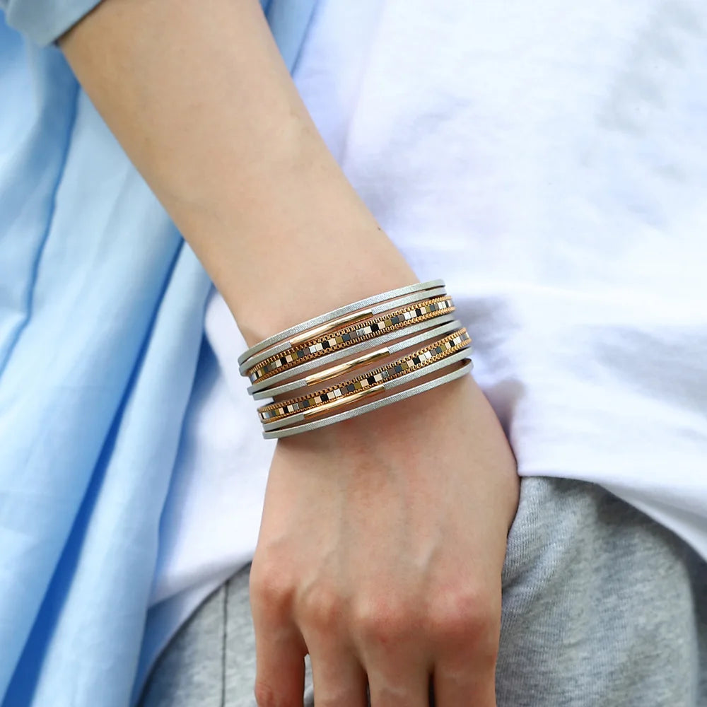 luckacco allyes trendy colorful square leather bracelet for women men boho metal tube multilayer wrap wide bracelets charm party jewelry