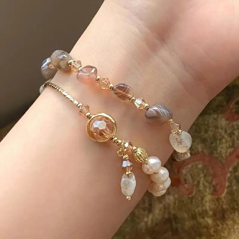 luckacco fashion double layered crystal pearl splicing beaded bracelets for women ethnic crystal beads wrap bracelet bangle jewelry gifts