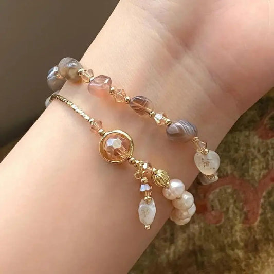 Luckacco Fashion Double Layered Crystal Pearl Splicing Beaded Bracelets for Women Ethnic Crystal Beads Wrap Bracelet Bangle Jewelry Gifts