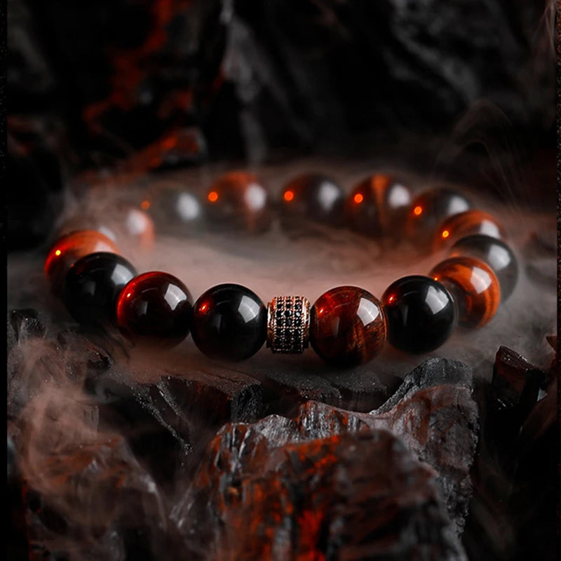 luckacco 5a real natural red tiger eye beads stone bracelet men women zircon accessories handmade jewelry gift for girlfriend