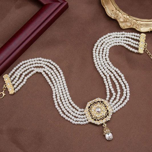 Luckacco Sunspicems Chic Morocco Jewelry Bead Chain Choker Necklace For Women Gold Color Square Mesh Pendnat Arabic Bridal Wedding Bijoux