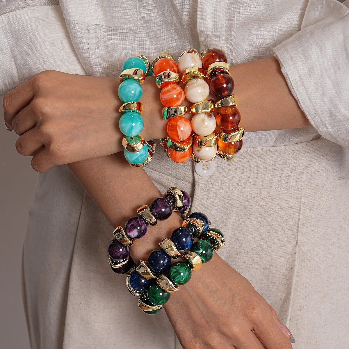 luckacco 7 styles trendy splicing acrylic round beads bracelets bohemian thick irregular resin elastic bangles retro jewelry for women f