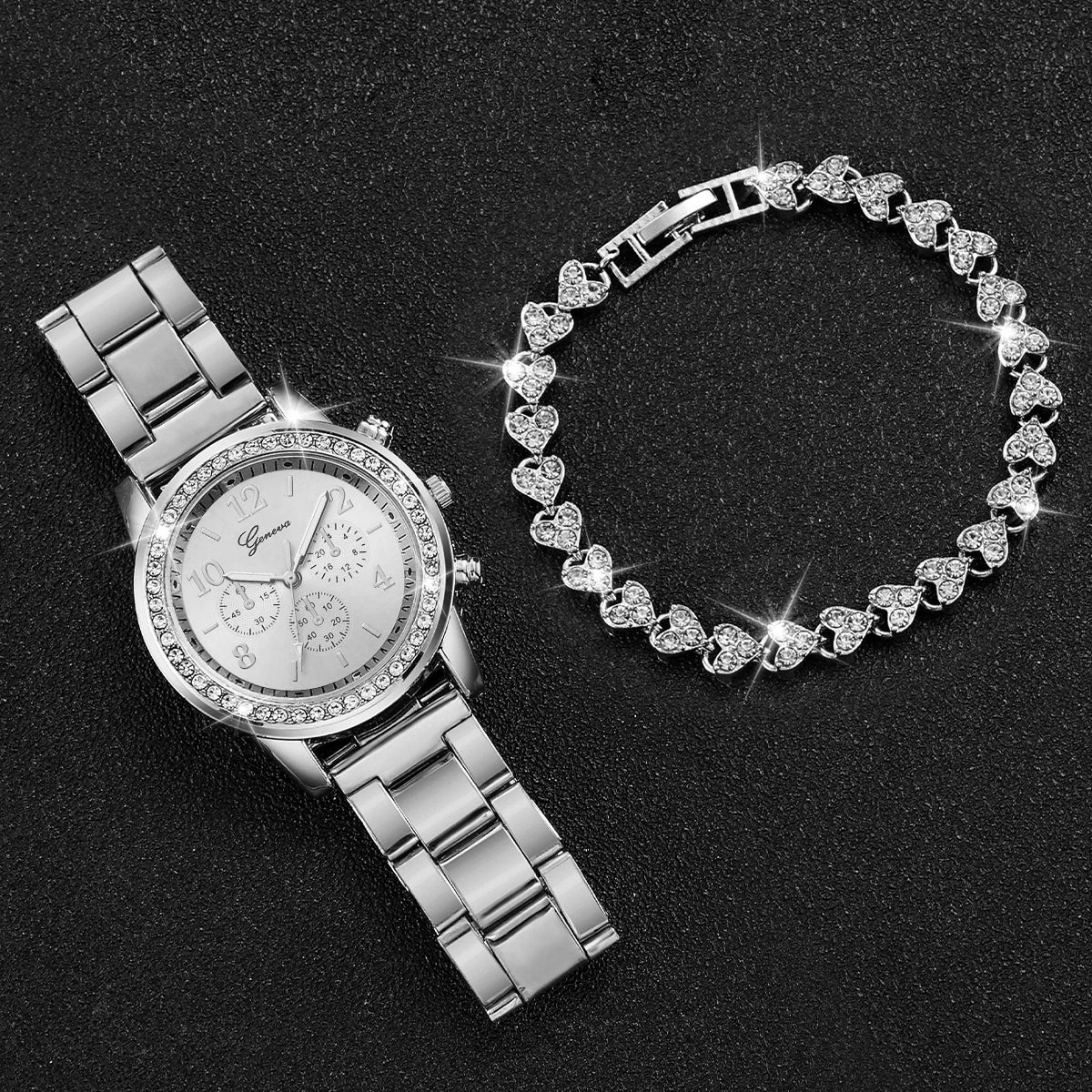 luckacco fashion women stainless steel  silver color quartz watch & diamond bracelet