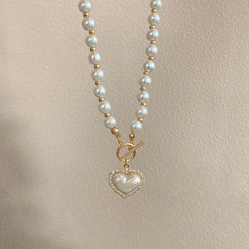 Elegant Big White Imitation Pearl Bead Necklace for Women Crystal Heart Shell Pendant Sweet Wedding Party Jewelry Collier Femme - luckacco