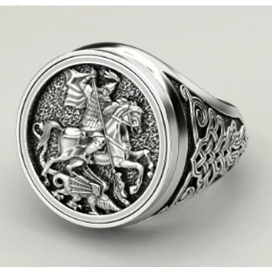 Luckacco Vintage St George and The Dragon Rings for Men Stainless Steel Jewelry Soldier's Protector Courage Luck Ring on The Battlefield