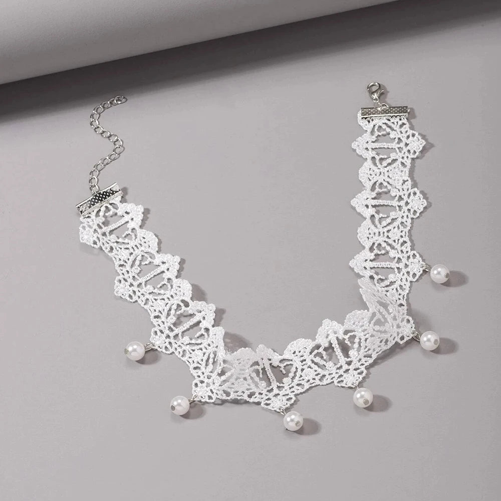 luckacco bohemia elegant vintage imitation pearl white lace statement choker necklaces bridal 2022 fashion jewelry for women wedding gift