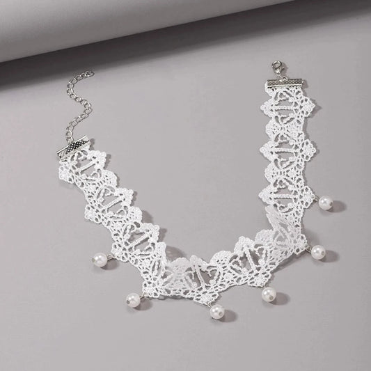 Luckacco Bohemia Elegant Vintage Imitation Pearl White Lace Statement Choker Necklaces Bridal 2022 Fashion Jewelry For Women Wedding Gift