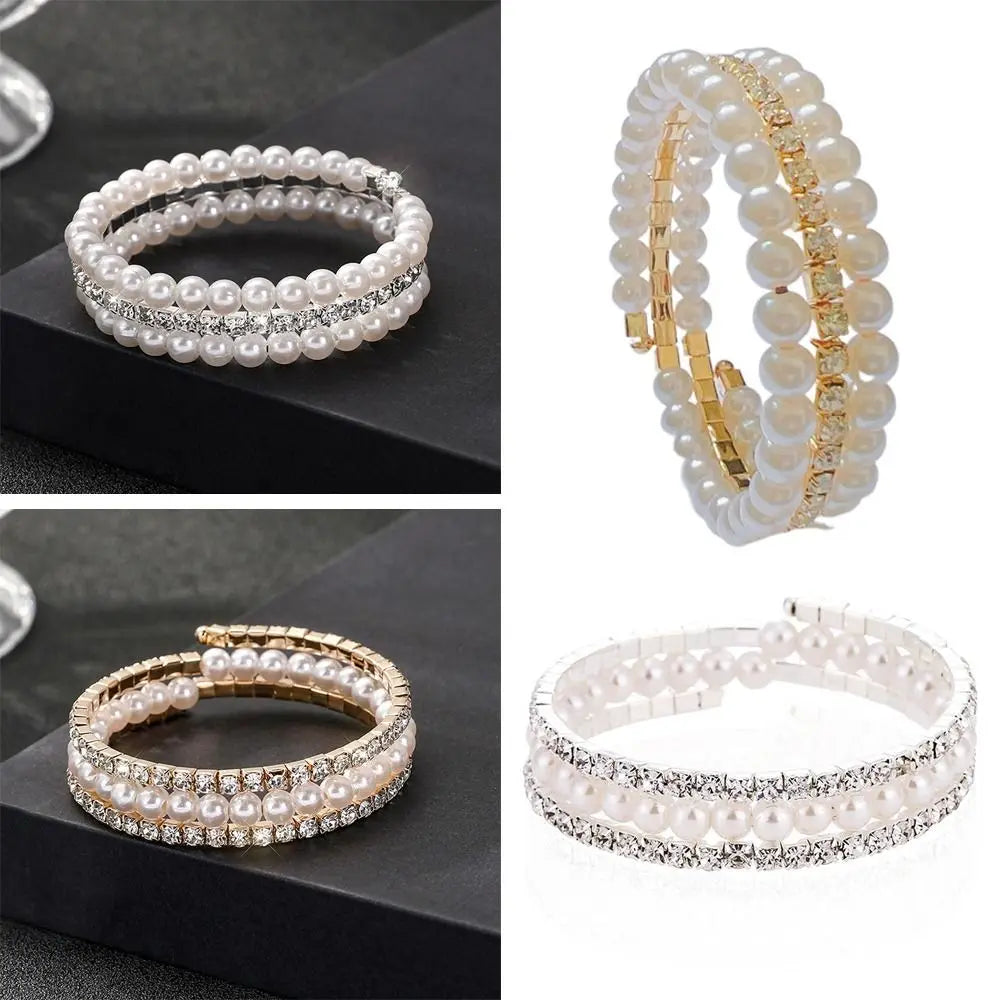 luckacco fahsion crystal imitation pearl bracelets for women multi layer wide bracelets crystal rhinestones bracelet wedding jewelry gift