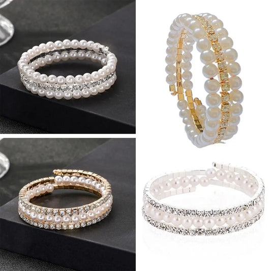 Luckacco Fahsion Crystal Imitation Pearl Bracelets For Women Multi Layer Wide Bracelets Crystal Rhinestones Bracelet Wedding Jewelry Gift