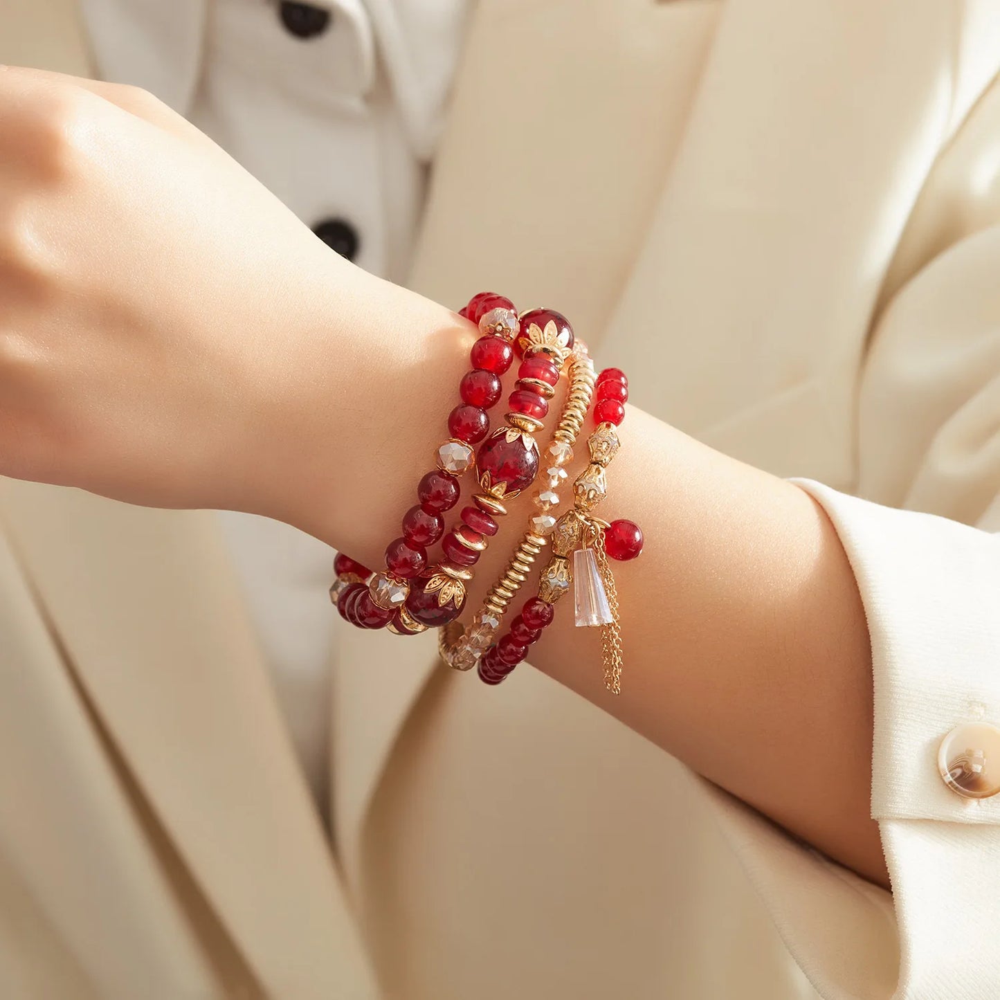 luckacco 4 pieces/set bohemian crystal tassel multi-layer elastic rope bracelet, handmade beaded bracelet, women's fashion accessories