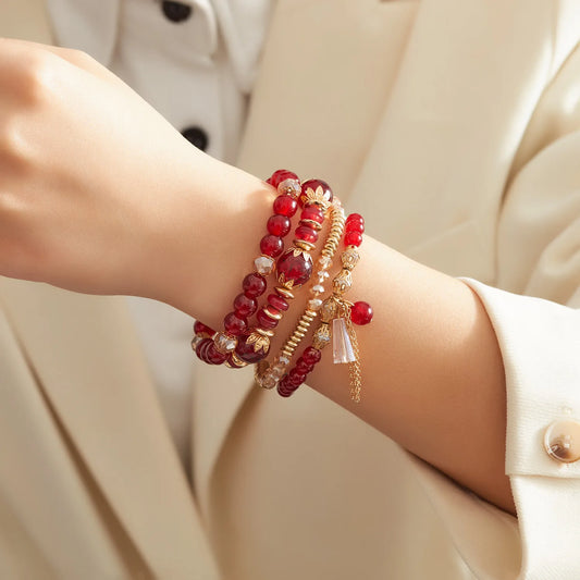 Luckacco 4 pieces/set Bohemian crystal tassel multi-layer elastic rope bracelet, handmade beaded bracelet, women's fashion accessories