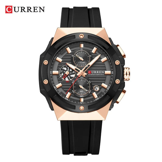 Luckacco CURREN Fashionable Sports Multifunctional Chronograph Quartz Watch with Silicone Strap Creative Design Dial Luminous Hands