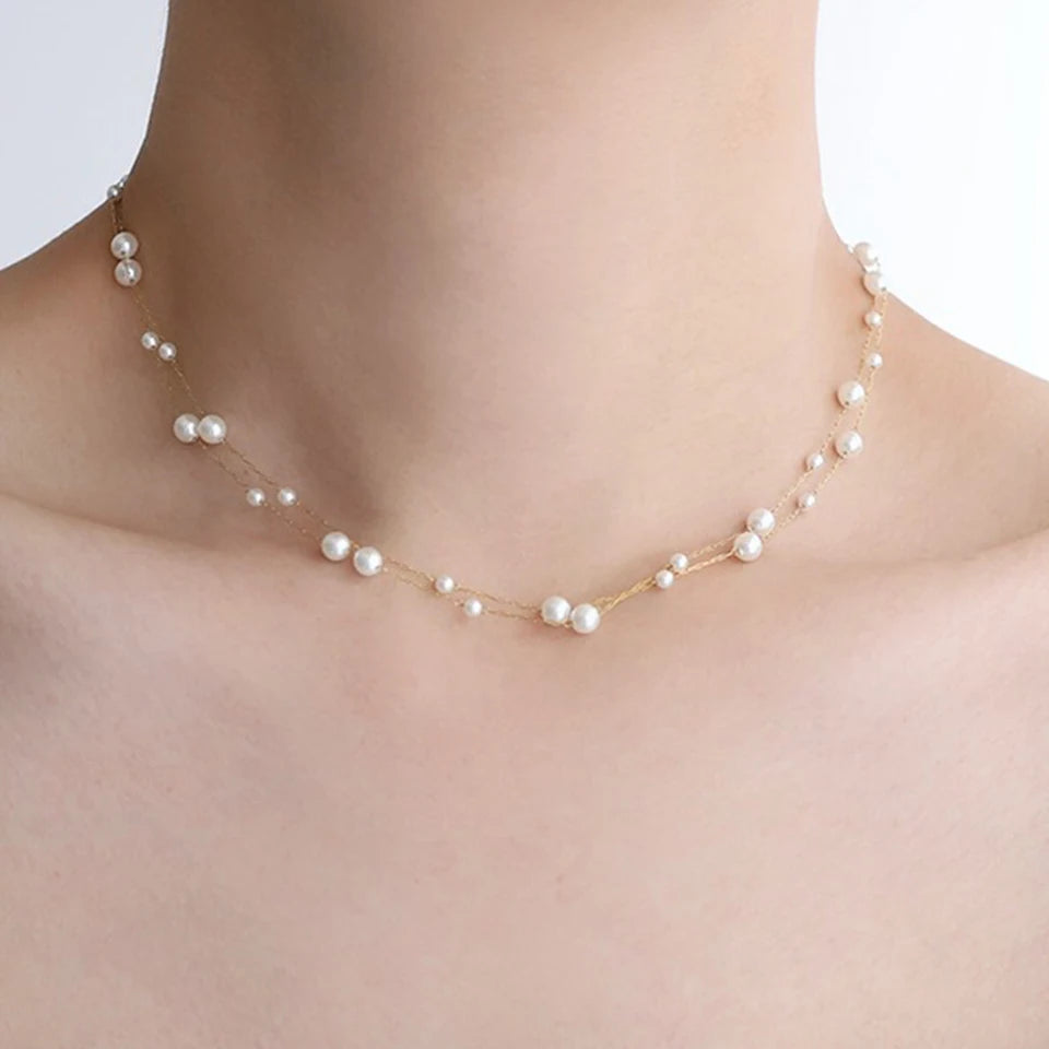 luckacco picks stainless steel temperament pearl chain choker necklace for women waterproof collar jewelry bijoux gift