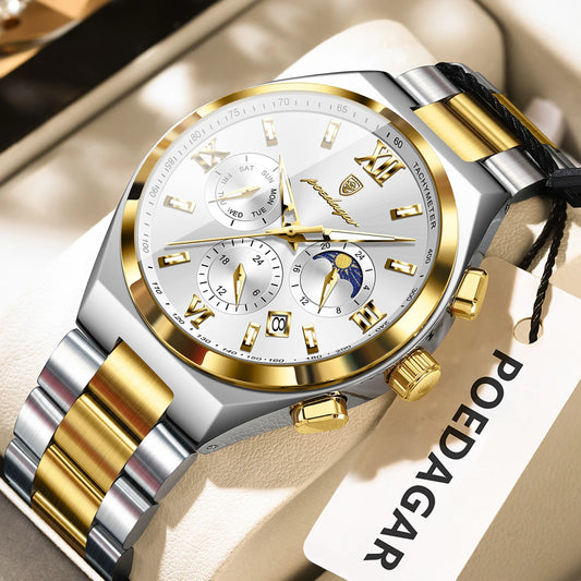 Luckacco POEDAGAR Luxury Sport Man Wristwatch Original Luminous Week Date Watch For Men Stainless Steel Men's Quartz Watches Reloj Hombre