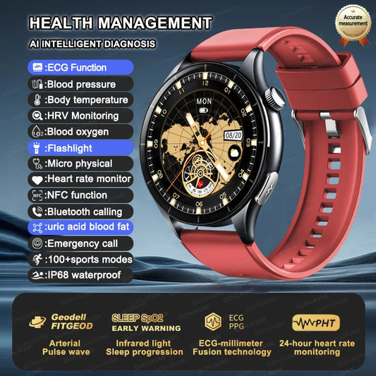 Luckacco 2025 New Health Analysis ECG+PPG Smart Watch Body Fat Uric Acid Blood Pressure Heart Rate Tracker NFC Smartwatch For Android IOS