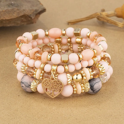 Luckacco New Acrylic Beads Chain Bracelet Set For Women Tree Of Life Charm Elastic Bangle Female Bohemian Jewelry Accessories