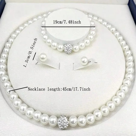 Luckacco 3 PCS set Imitation Pearl Fireball Necklace Bracelet Earring Stud Jewelry Set Silver Color Crystal Stone Elegant Bridal Jewelry