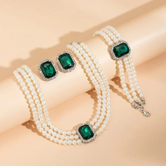 Luckacco 4PC Women's Fashion Light Luxury Short Style Imitation Pearl Turquoise Necklace Earrings Bracelet Jewelry Set Party Festival Gif