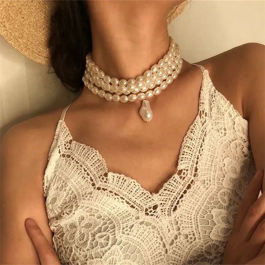 Luckacco Fashion Vintage Multilevel Imitation Pearl Choker Chain Necklace For Women Female Boho Baroque Geometry Pendant Jewelry Gift