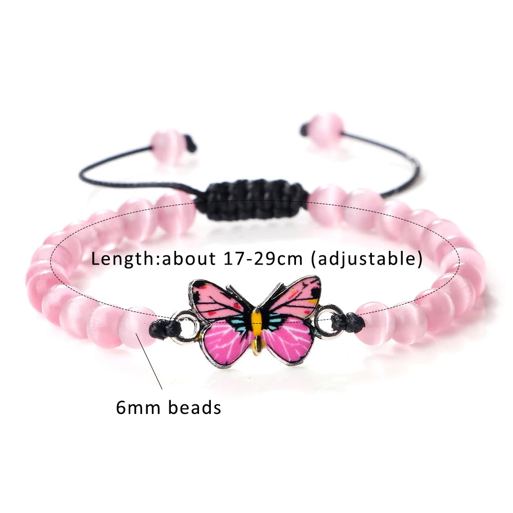 luckacco pink cat eye stone bracelet for women men natural opal quartz chakra devil's eye beads butterfly charm bangle wrist jewelry gift