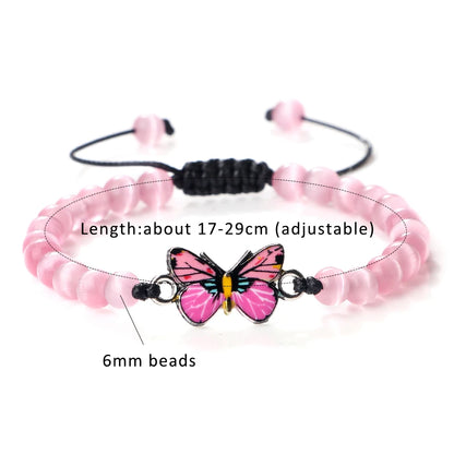 Luckacco Pink Cat Eye Stone Bracelet for Women Men Natural Opal Quartz Chakra Devil's Eye Beads Butterfly Charm Bangle Wrist Jewelry Gift
